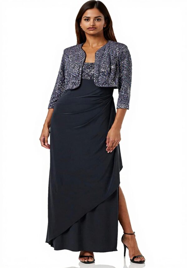 Robe cocktail Gina Bacconi jacquard froncé veste boléro