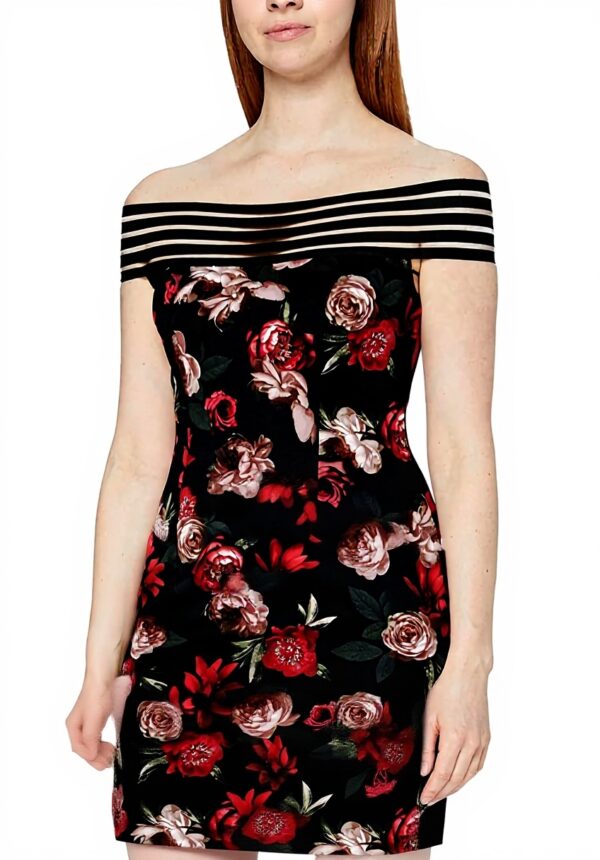 Robe cocktail Gina Bacconi épaules dénudées motif floral